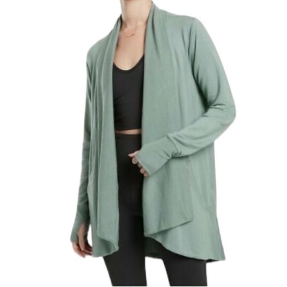 ATHLETA- Pranayama Wrap Cardigan Heather Blue Thumbholes Long Sleeved Small TALL - Picture 9 of 14